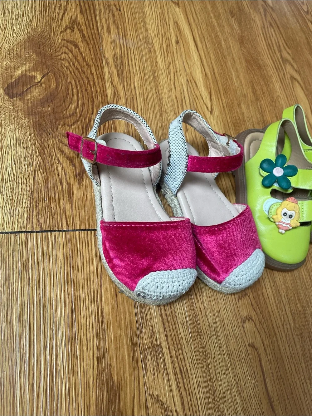 Kids Velvet Espadrille Sandals and Green Flower Hook-and-Loop Shoes - Set of 2